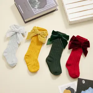 4Pair Children Socks Solid Color Bow Decoration Fashion and Comfortable Breathable Flannel Kids Christmas Warm Stockings