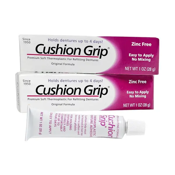 Cushion Grip Thermoplastic Denture Adhesive – Refits & Tightens Dentures, Works Like a Denture Reliner for Long-Lasting Comfort, Holds Up to 4 Days, Waterproof & Zinc-Free - 1 oz (Pack of 2)