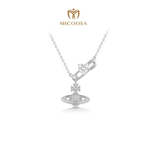 cz simulated diamond Saturn & Safety Pin Necklace for Women, valentines gifts for gf