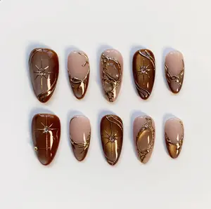 Fall Cat Eye Amber Press on nails short almond nails/Glitter Nails/Sparkle Nails/Brown Nails/Star Nails/3D Gold Chrome nail/Fall Nails