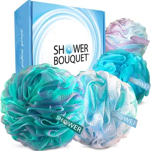 Shower Bouquet Loofah Bath Sponge 75g XL 4-Pack Swirl-Mix Premium Set, Extra Large, Extra Soft Exfoliation with Loofa, Loufa, Lofa Light Pouf Puff Scrubbers in Bathing Accessories