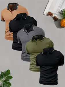 Men's 5-piece premium polo shirt set - button collar, slightly stretchy fabric, suitable for summer workwear formal shirts - short sleeve Dalesan earth yellow knit men's tropical stretch polyester single-layer flat item.
