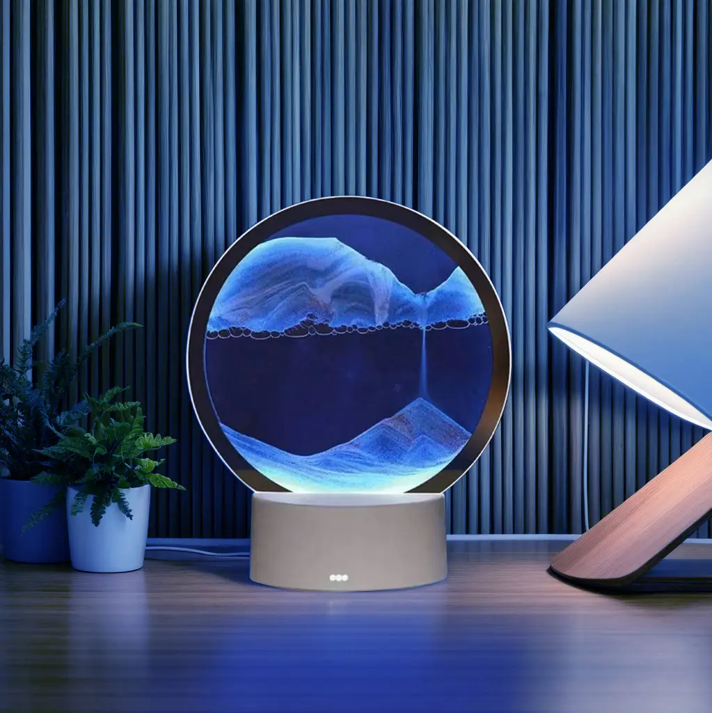 Multi‑color light 3D Moving Sand Art with Remote Control, 360° Rotating Hourglass Ambient Light, RGB Color‑Changing Table Lamp, Creative Colorful Ocean Glass Liquid Motion Quicksand Painting Lamp， Relaxing Desktop Home Office Work Decor