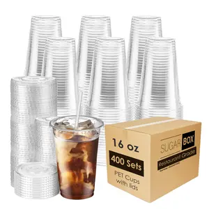 100/400pcs Clear Plastic Cups, 16/20/24 Disposable Iced Coffee Cups with Flat STURDY Lids, Smoothie Cups, PET Crystal Party Cups, Cold Beverages Drinking Cups, Water Drinking Cups for Thanksgiving, Halloween, Christmas
