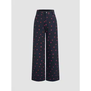 Cider [size 2-26] 100% Cotton High Rise Heart Graphic Button Straight Leg Trousers