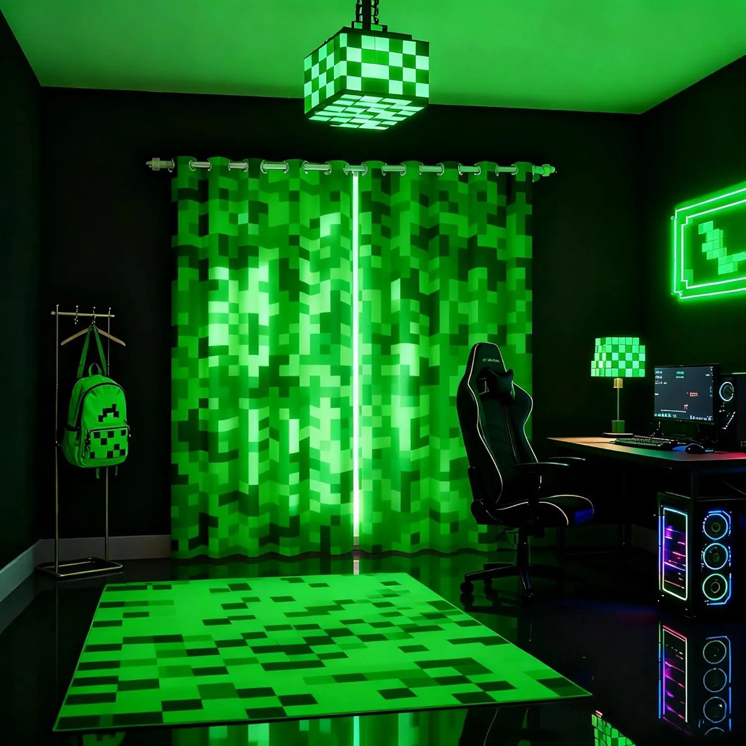 Green Pixelated Miners Curtains for Boys Kid Teens Bedroom Decor,Video Games Window Curtain,Cartoon Gamepad Blackout Window Treatment Curtain Modern Geometric Check Window Drapes,2 Panels