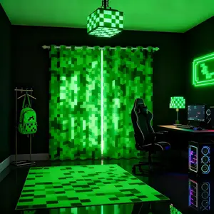 Green Pixelated Miners Curtains for Boys Kid Teens Bedroom Decor,Video Games Window Curtain,Cartoon Gamepad Blackout Window Treatment Curtain Modern Geometric Check Window Drapes,2 Panels