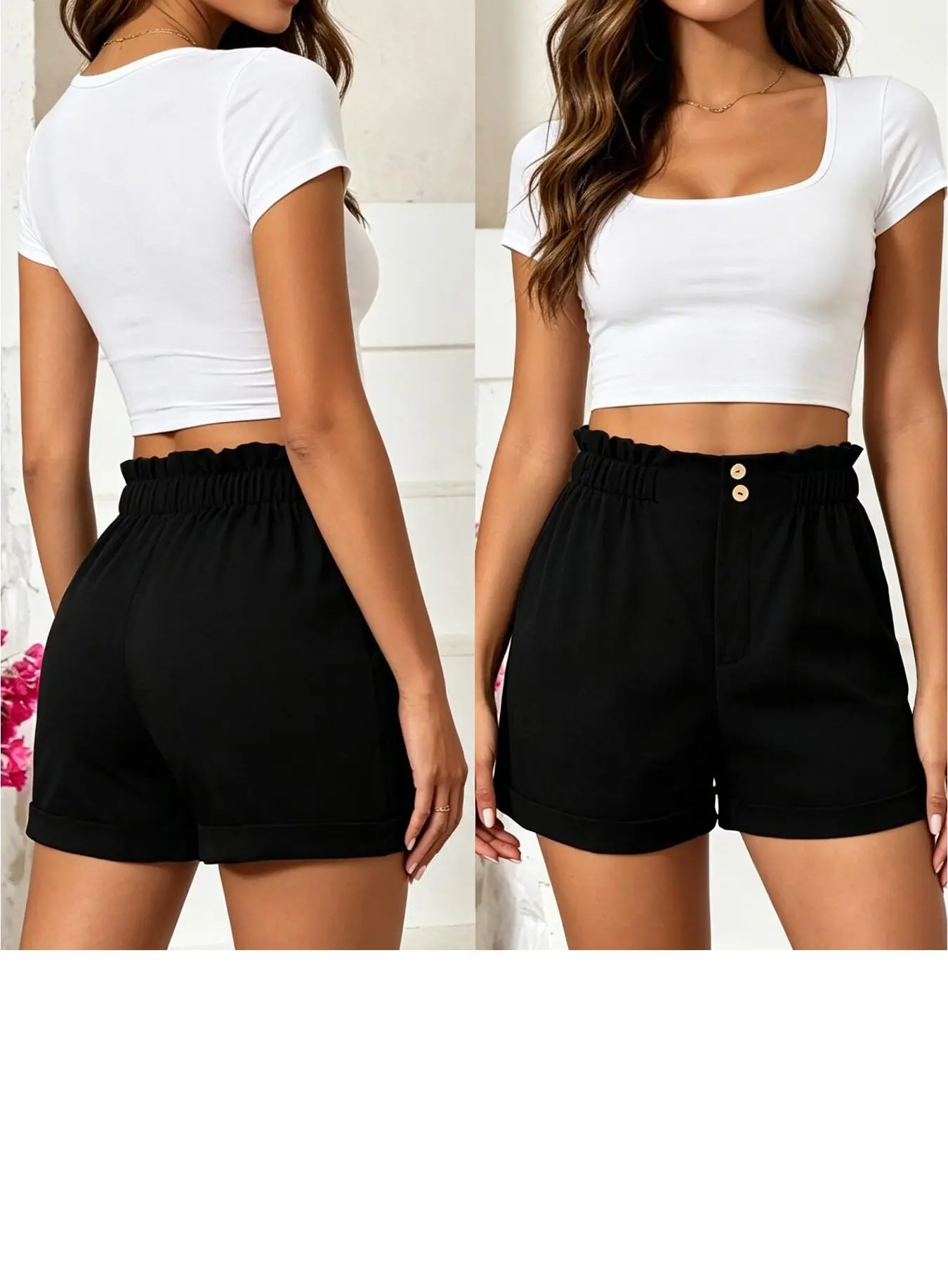 Women's Paper Bag Waist Hemmed Shorts, Casual Relaxed Shorts, Loose-Fitting Solid Pattern, All-Seasons Fashionable Bottoms, Comfortable & Stylish, Basic, Casual Comfy Shorts