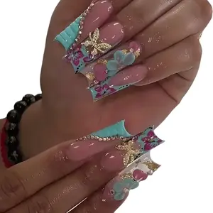 Elegant 24Pcs Brown Long Coffin Press-On Nails Glitter Ballet Wearable with French Design & Full Press on Nail for Manicure Practice