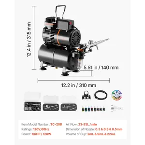 VEVOR Airbrush Kit, 1/6 HP, Air Brush Kit with Air Compressor and Tank, 3 Dual-Action Professional Airbrushes with 3 Tips, Hose, Acrylic Paint, 2 Fans, for Cake Decorating, Model Painting, Nail Art
