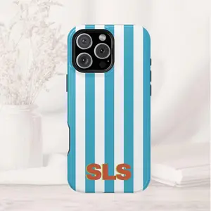 Teal Blue Stripes Personalized iPhone 16 Case, Custom Monogram Beachy Phone Case with Horizontal Initials, Aesthetic Retro Stripes gift for her men's cool gadgets iphone 17 pro max cases girls