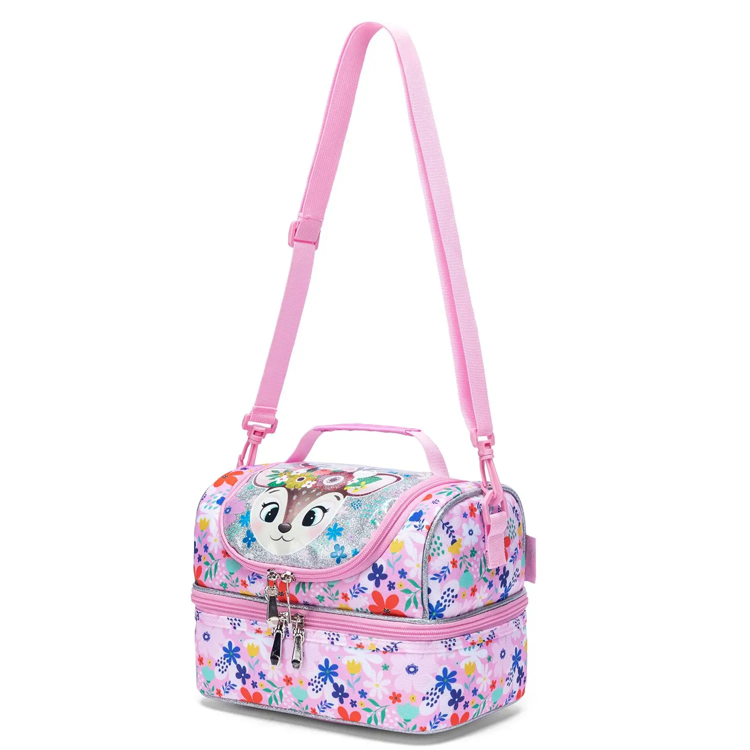 Girls' Insulated Lunch Bag, Cute Fawn Face & Floral Print Polyester Cooler with Double Layer, Dual-Zipper & Detachable Strap for School, Insulated Lunch Tote, Leakproof Lunch Cooler