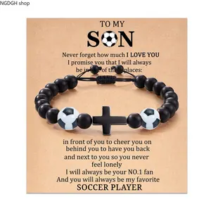 Football Bead Cross Hand Rope, Sports Wind Ball Black Stone Bead Bead Braided Adjustable Bracelet with Cardboard,Perfect for Soccer Players and Graduation