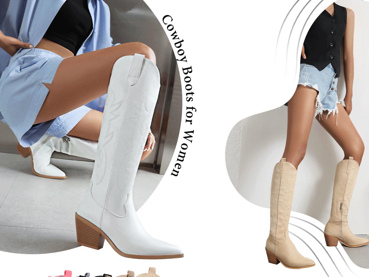 Reitoye Cowboy Boots for Women Embroidery Western Cowgirl Knee High Chunky Heel Boots with Pull-Up Tabs