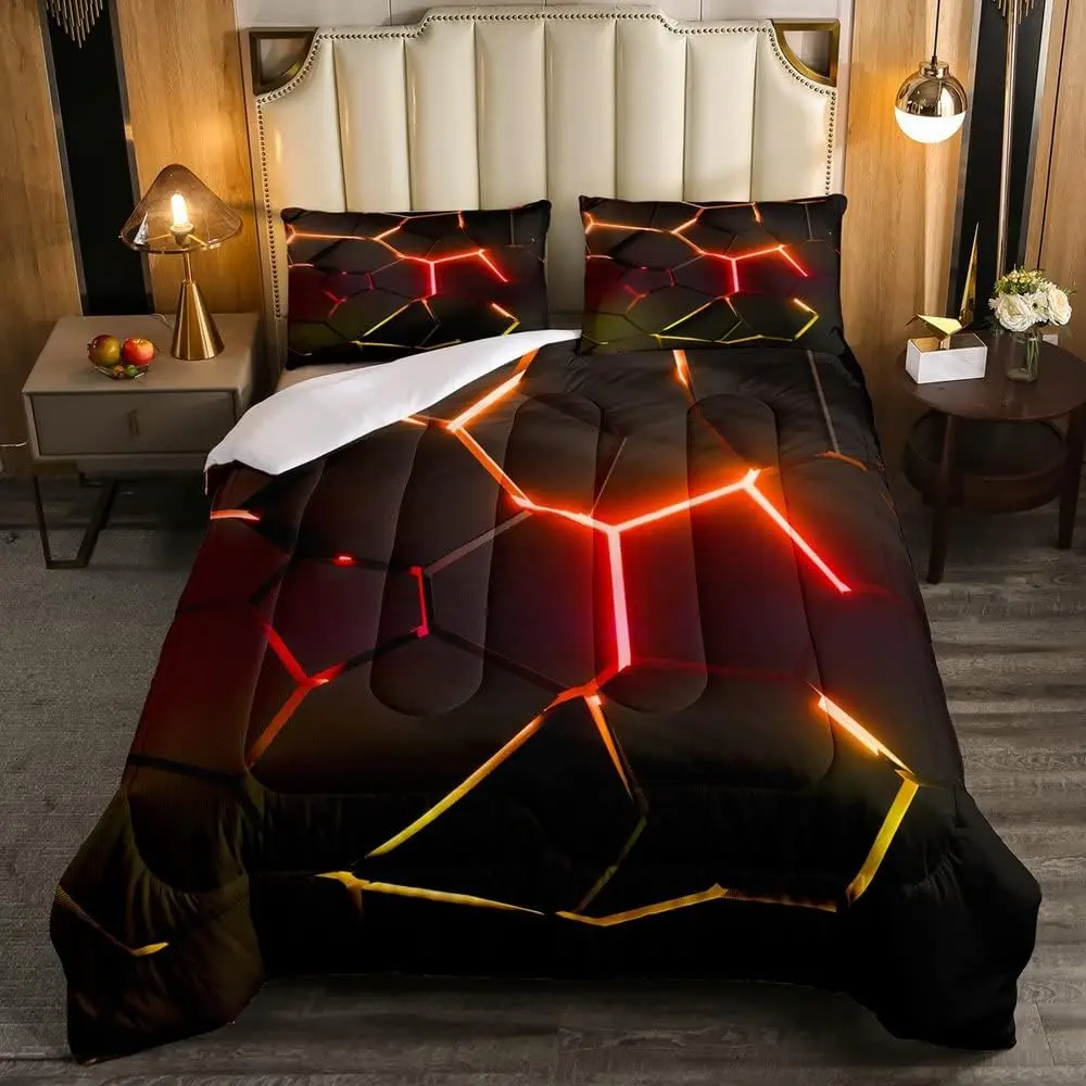 Twin Size Honeycomb Designer Duvet Set - Fluorescent Red-Yellow Beehive Geometrical Digital Print, Breathable, Decorative Bedroom Bedding Linen, Machine Washable Textiles, Bedroom Bedding Set, Breathable Duvet Set
