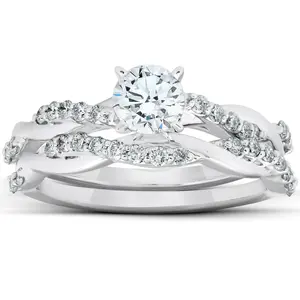 3/4Ct Diamond Infinity Engagement Ring Set 14k White Gold Maching Woven Band