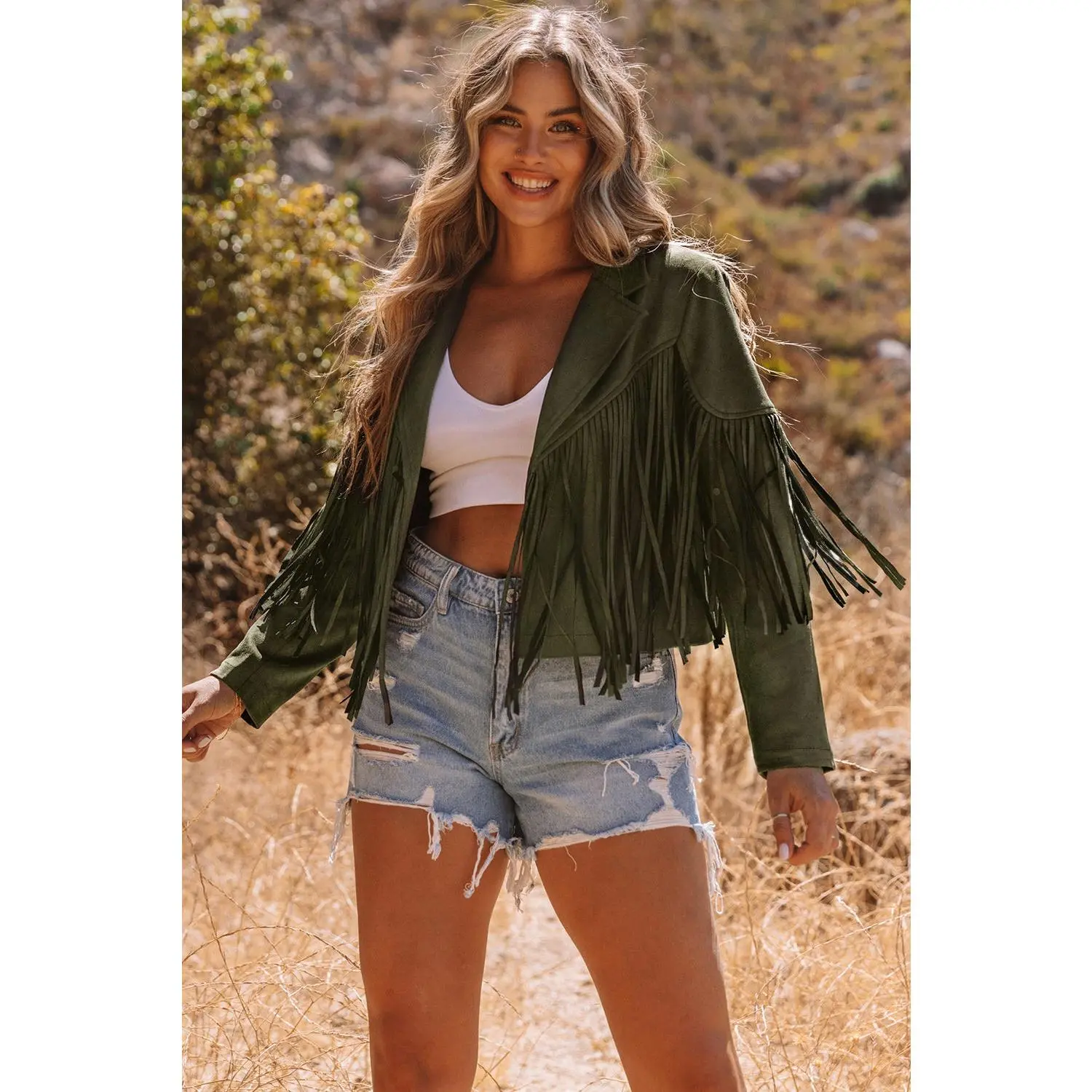 Women's Vintage Western Faux Suede Fringe Cropped Jacket, Stylish Tops-Coats for Everyday Wear (Pair with Bottoms)