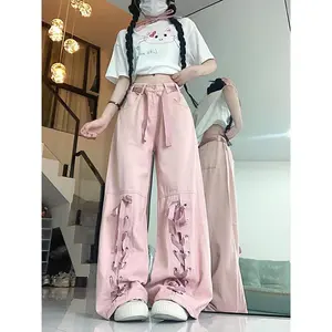 Women’s Pink Cargo Jeans — New, versatile straight wide-leg long pants for students, loose yet slimming, high-waisted with a tie waist, casual denim