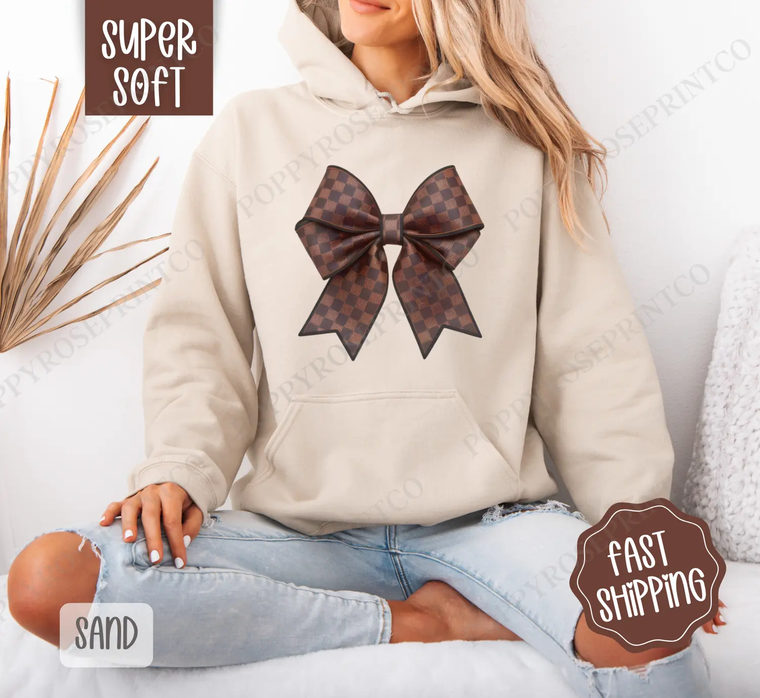 Checkered Coquette Bow Hoodie, Cute Women's Crewneck, Trendy Women's Hooded Sweater
