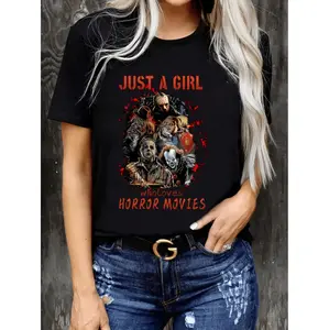 Women's Halloween Horror Movie Graphic T-Shirt - "Just a Who Loves Horror Movies" Design, Casual Short Sleeve Tee, Black with Colorful Icons, Polyester Blend, Machine Washable