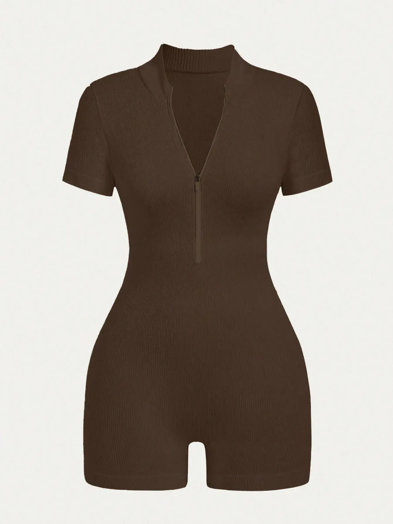 Women's Solid Color Half-Zip Ribbed Knit Short-Sleeve Mock Neck Sports Jumpsuit, Soft Slim-Fit Streetwear for 2025 Summer, phumee