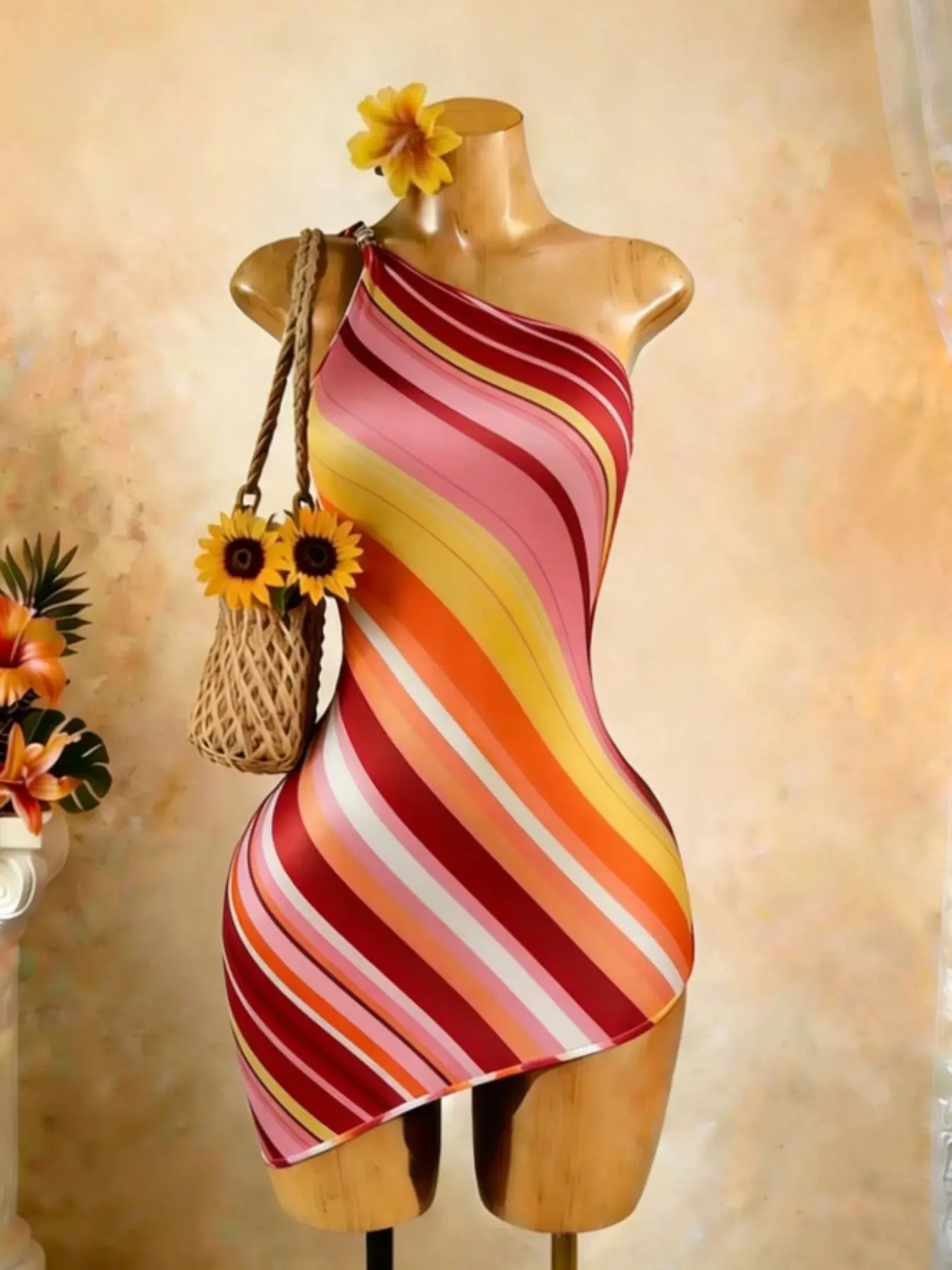Summer Vacation Style Rainbow Striped One-Shoulder Asymmetrical Fitted Slimming Bodycon Dress for Women, Elegant All over Print Skirt
