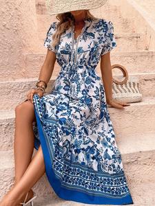women's floral print a line dress, boho shortsleeve long dress for beach holiday vacation, ladies spring & fall clothes, summer clothes women, sun dress, casual dresses