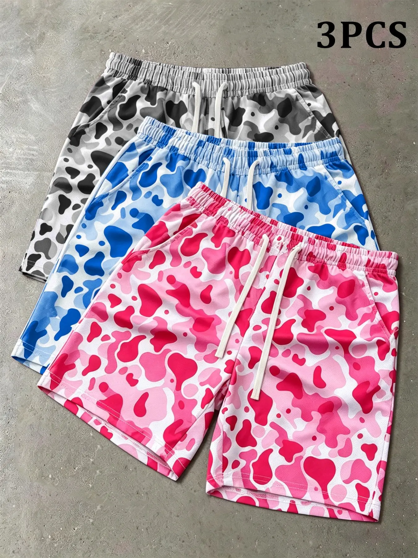 Men's three-piece shorts set, Fashion athletic shorts, Casual Sports Shorts, Comfy Summer Shorts, camouflage print, elastic waistband for comfort, breathable mesh fabric designed for summer, suitable for outdoor activities, home, sports, vacations