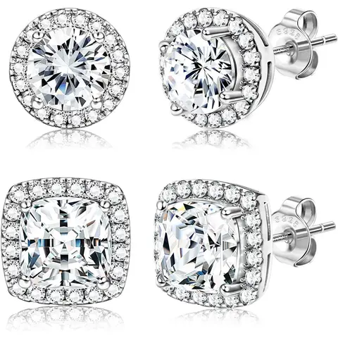 18K Gold Plated Halo Stud Earrings Set - 925 Sterling Silver, Artificial Zircon, Round & Square Styles, Elegant Minimalist, High Quality, Hypoallergenic, Unisex Wear Your Way Jewelry, Elegant Minimalist Earrings, High Quality Earrings
