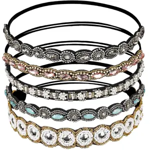 5 PCS Hairbands for Women, 5 Rhinestone Beaded Headbands, Head Bands for Women's Hair Fashionable Handmade Crystal Beaded Elastic Hairbands