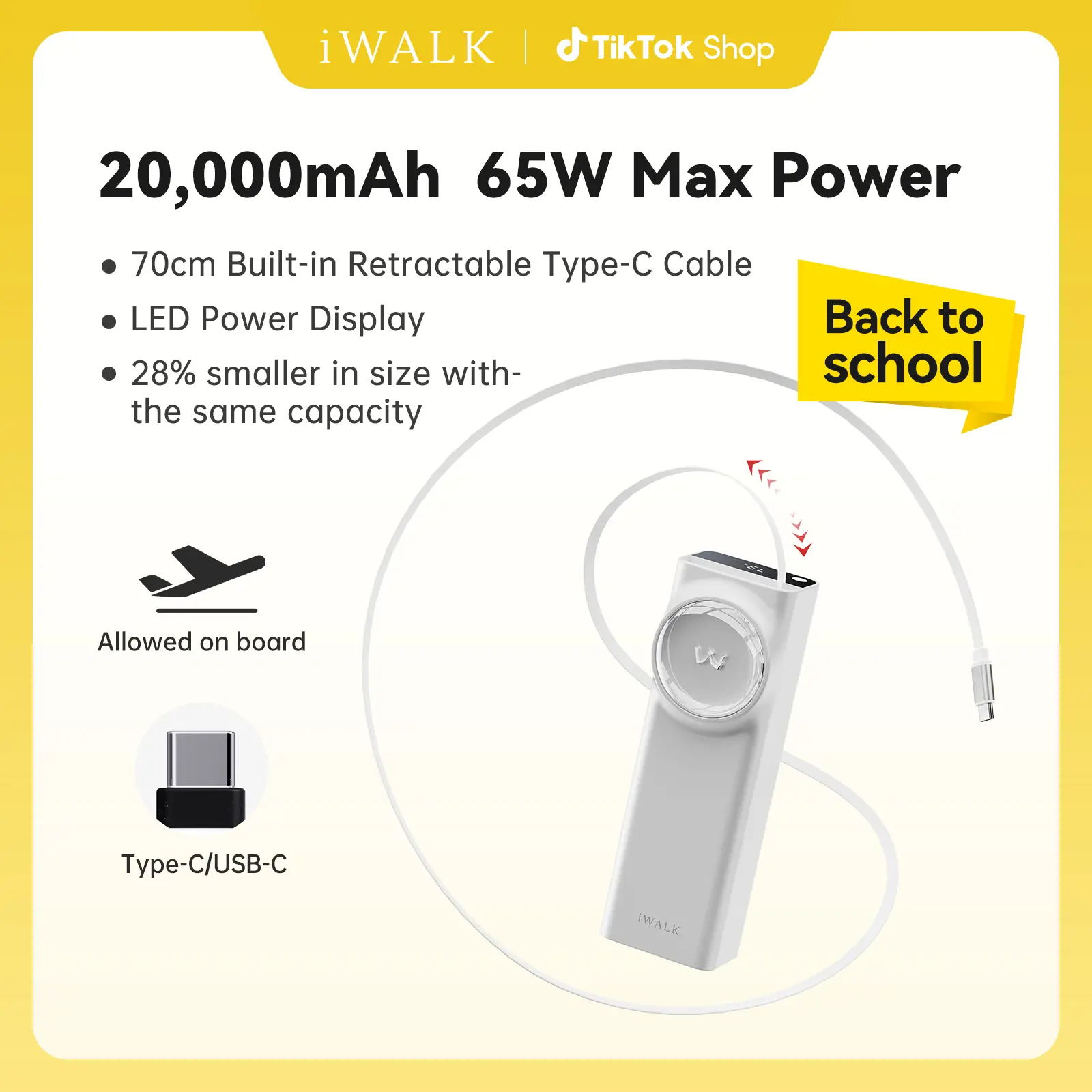 viverr iWALK LinkPod Reel 20000mAh 65W Portable Power Bank Charger, Chargeable EDC Gear with Retractable USB-C Cable, Dual Ports, LED Display, Compact Device for Phones, Laptops, Wireless Charging on the Road,back to school,back to school haul