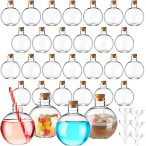 30 Pcs 6 oz 200ml Ball Shape Clear Plastic Sand Art Bottles Spherical Potion Bottles Christmas Cocktail Ornament Balls for DIY Wedding Party Gift Crafts Decoration(Wood Color,Cork)
