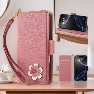 Suitable for iPhone 17 16 15 14 13 12 11 Pro Max Se 2022 Se 2020 7 8 X Xs XR Xs Max case, wallet with card clip, Floral design women's lychee pattern, magnetic shockproof, Protective case with wristband