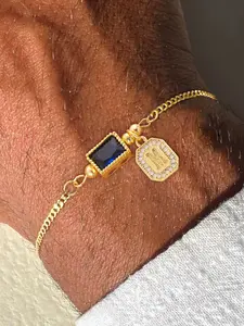 Men's Block Initial Blue Crystal Initial Charm Bracelet with Pendant, Vintage Fashion Exquisite Stainless Steel Chain, Casual Style for All Seasons