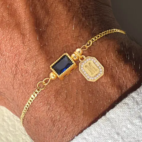 Men's Block Initial Blue Crystal Initial Charm Jewelry Bracelet with Pendant, Vintage Fashion Exquisite Stainless Steel Chain, Casual Style for All Seasons Bracelets Jewelry