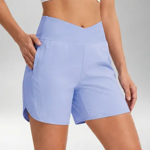 BALEAF Women's 7" V Cross Waist High Waisted Shorts Tummy Control Athletic Shorts with 2 Zipper Pockets Quick Dry UPF 50+ Stretch Workout Shorts for Running Walking Hiking Tennis Golf Everyday Wear