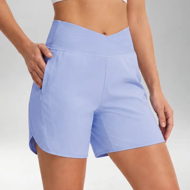 BALEAF Women's 7" V Cross Waist High Waisted Shorts Tummy Control Athletic Shorts with 2 Zipper Pockets Quick Dry UPF 50+ Stretch Workout Shorts for Running Walking Hiking Tennis Golf Everyday Wear