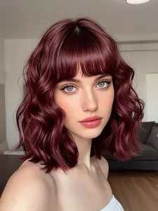 Collector's Edition Wine Red Wig With Bangs Short Curly Bob 14 Inch Shoulder Length Heat Resistant Synthetic Hair For Women Cosplay Party Natural Looking Hair With Curtain Bangs Bob Wigs