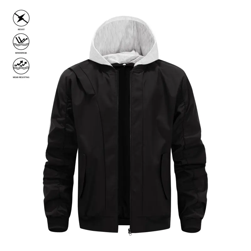 Men’s Plain Black Baseball Coat - Detachable Hood, Zip Front with Zippers, Side Pockets, Ribbed Hem, Regular Fit, Minimalist Cut, Casual Outdoor Top for Spring/Fall