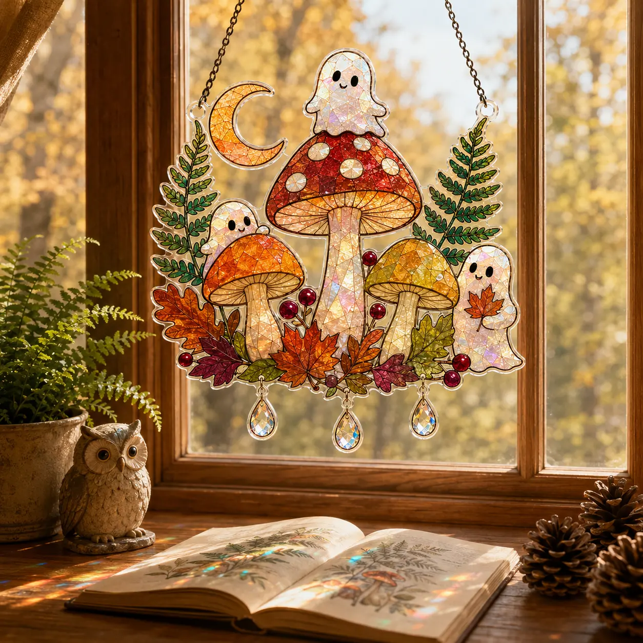 Halloween Ghost Mushroom Acrylic Suncatcher, Faux Stained Glass Window Hanging, Autumn Woodland Fall Home Decor