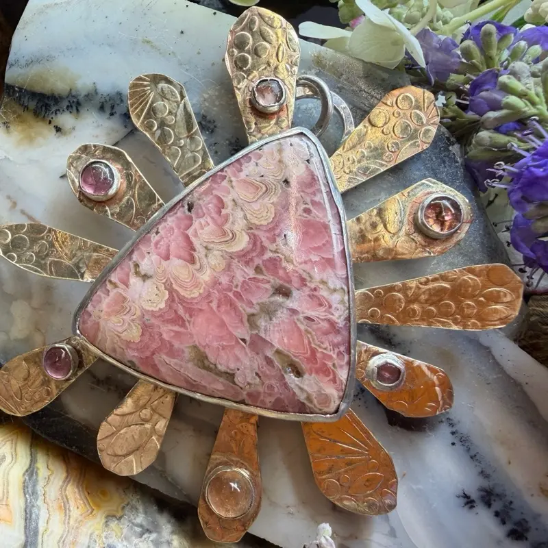Large Rhodochrosite Sunburst Pendant Necklace - Sterling Silver, Brass Statement Piece with Pink Tourmaline Gemstones, 1 of a Kind