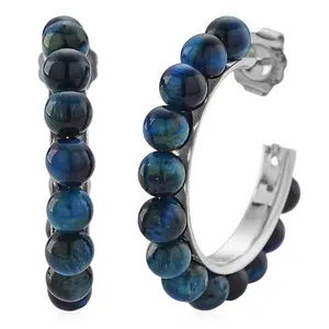 Blue Tigerâ€™s Eye D 20.00 ctw Beaded Hoop Earrings in Silvertone Stainless Steel Christmas Gifts