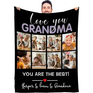 Custom Blanket with Photo Text I Love You Grandma Blanket Personalized Blankets for Grandma Grandpa Customized for Family Birthday Gifts for Nana from Grandkids