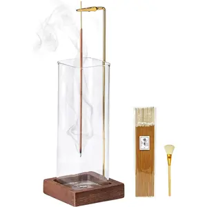 Incense Holder, Wooden Incense Holder for Sticks with Glass Ash Catcher, Anti-ash Incense Burner with 20 Incense Sticks and a Ash Brush for Meditation Yoga Spa Room Decor