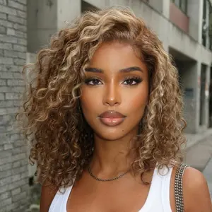 【Side Part】UNice 250% Honey Blonde Highlights Curly Bob Wigs No Slip Glueless 7x5 Lace Closure Human Hair Wigs with Drawstring Shoulder-length for Summer Natural Hairline