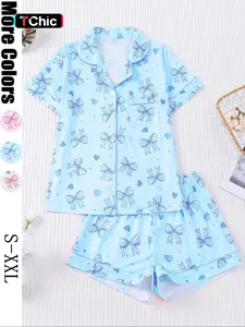 [Valentine's Day]Women's Spring Summer Casual Sleepwear Set, Bow Floral Print, Romantic Valentine's Day Gift, Comfortable Shirt Collar Top & Loose Elastic Shorts