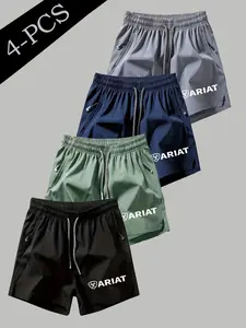 4-Pack Summer Casual Shorts, Daily Vacation Wear, Trendy Outdoor Lovers, Ariat Letter Shield Print, Ice-Feel Quick-Dry, Unisex