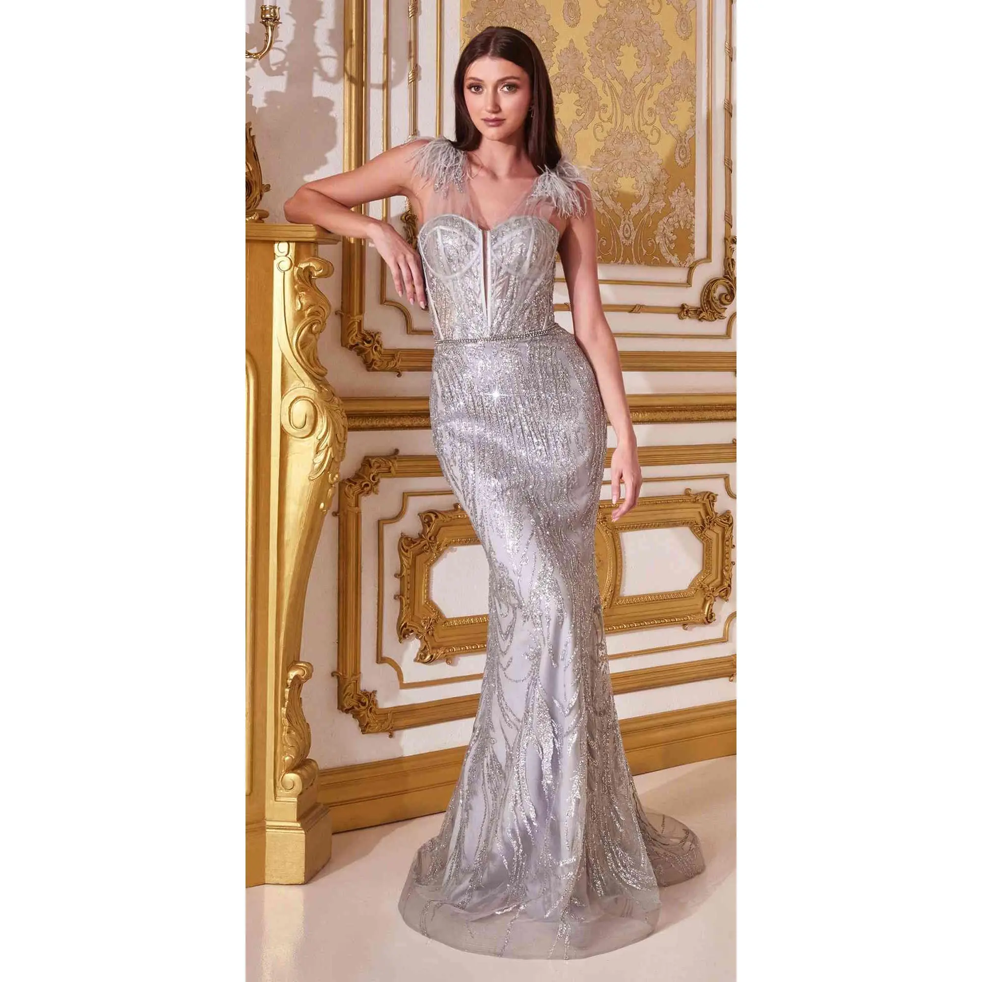 Women's Ladivine CB087 Rose Gold Fitted Glitter Lace Floor-Length Maxi Gown - Sheer Sweetheart Bodice, Delicate Feather Straps, Sleeveless, Back Zip, Gorgeous, Vintage Glam, Formal Wear for Prom, Awards Ceremony, All Seasons, Modest