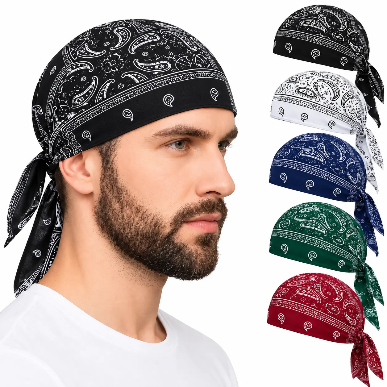 5 Pack Paisley Bandana Headwraps, Unisex Adjustable Tie-Back Skull Caps, Breathable Helmet Liners & Cycling Head Covers for Running, Biking, Sports & Outdoor Use