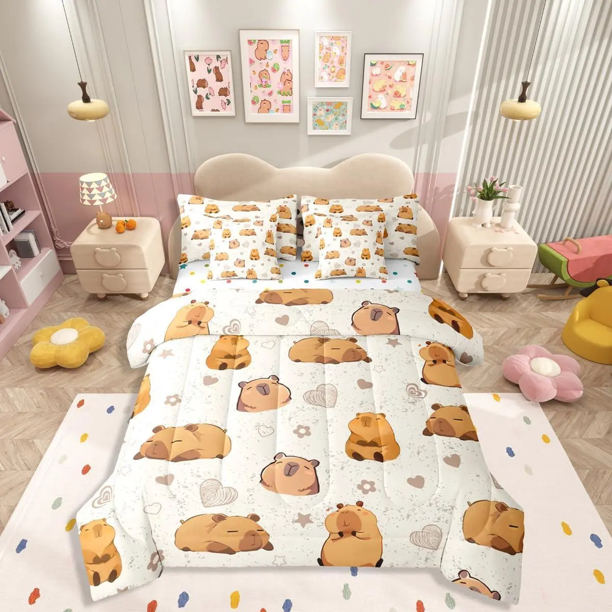 Feelyou 7-Piece Microfiber Luxury Decorative Bedding Set - Kawaii Capybara Print, Cozy Soft Breathable Bedsheet & Bed Cover Set, Beige Khaki, Multi-Size for Capybara Enthusiasts